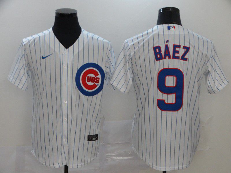 Men Chicago Cubs 9 Baez White stripes Nike Game MLB Jerseys